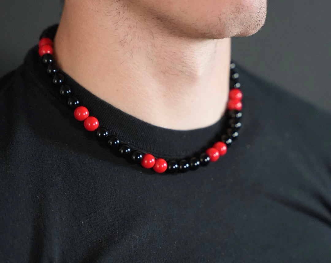 18 Inch Red & Black Beaded Necklace