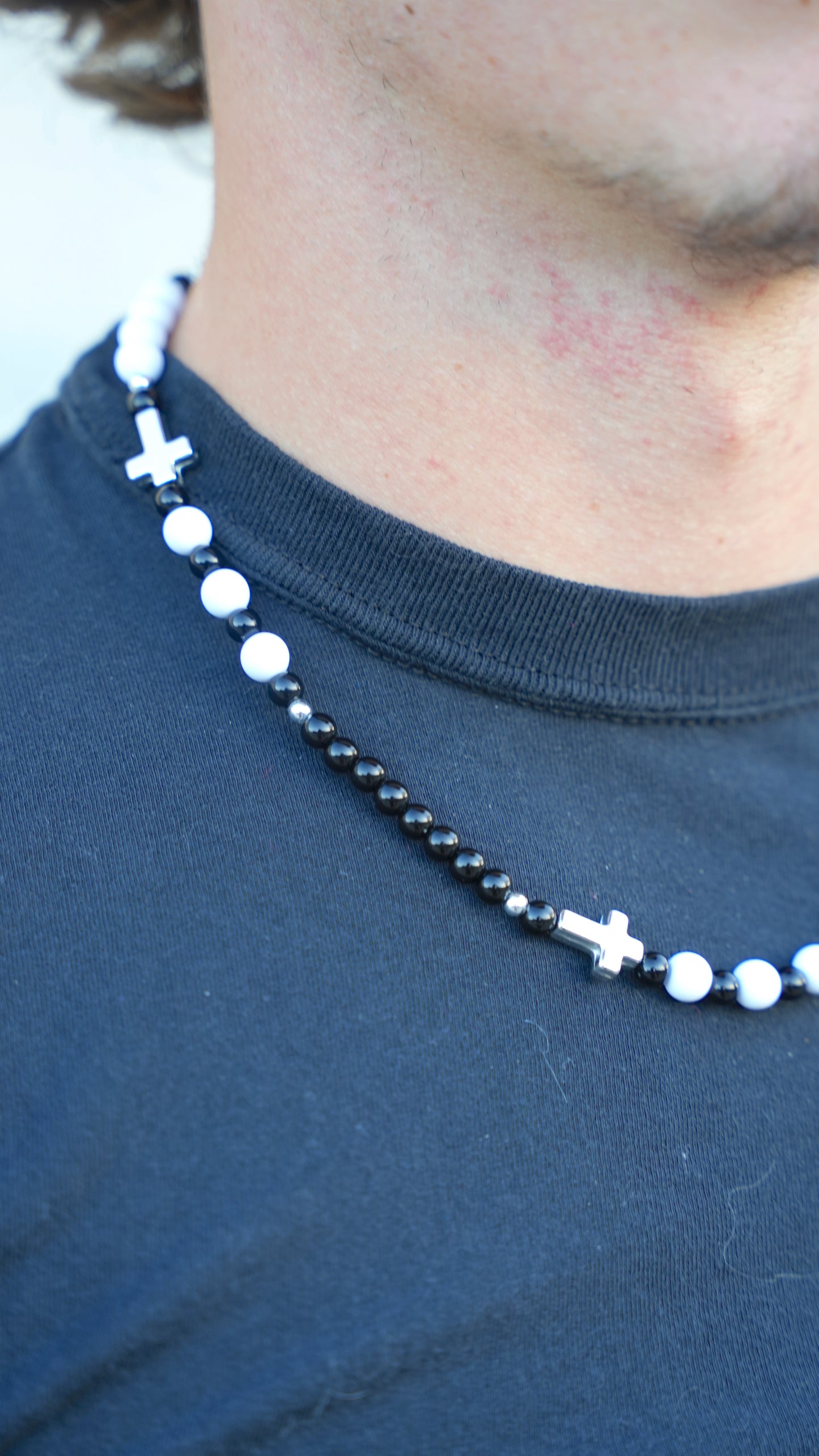 18 Inch Black & White Cross Beaded Necklace