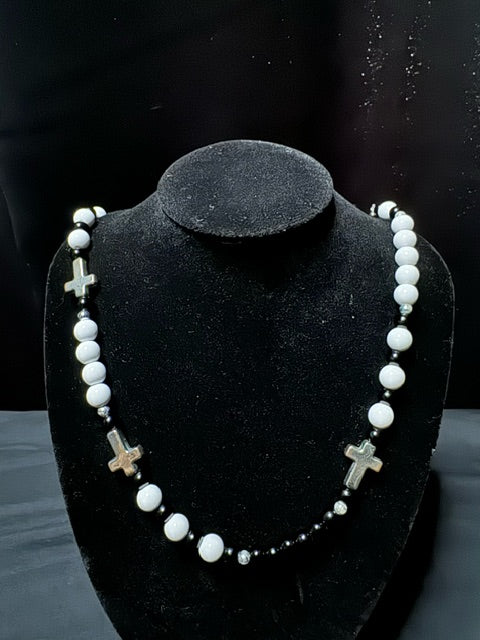 18 Inch Black & White Cross Beaded Necklace