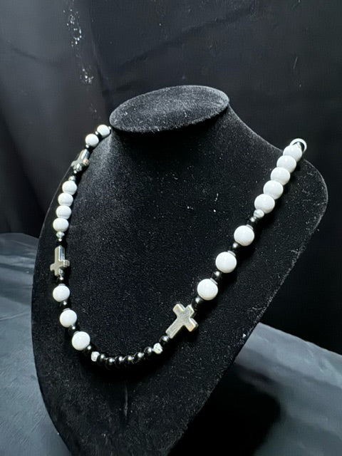 18 Inch Black & White Cross Beaded Necklace