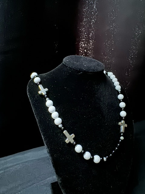 18 Inch Black & White Cross Beaded Necklace